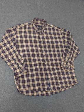Burberry Men’s 2XL Black Tan Plaid Button-Down  Cream with Red Accents Old Money